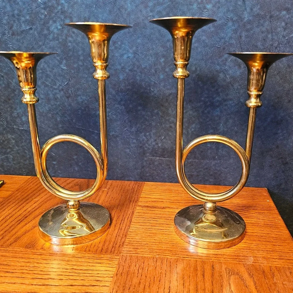 Vintage Brass French Horn Double Candle Holder Pair Gold Candelabra Music Decor